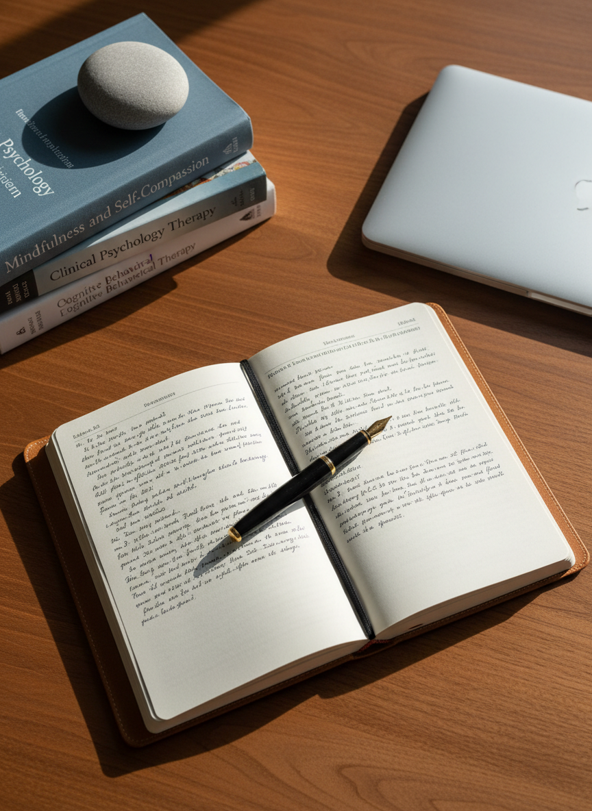 A clean writing desk used by a psychotherapist, devoid of people, with a smooth walnut surface holding an open journal filled with neat, handwritten notes, a fountain pen resting across the page, and a closed laptop slightly off to the side. A small stack of psychology books, one titled "Mindfulness and Self-Compassion," leans against a simple stone paperweight. Morning light enters from the left through an unseen window, casting soft, directional highlights and calm shadows. Photographic realism, shot from a top-down, slightly angled perspective, emphasizing order and clarity. The atmosphere feels focused yet gentle, suggesting thoughtful case reflection, integrative practice, and the blending of scientific rigor with compassionate care.